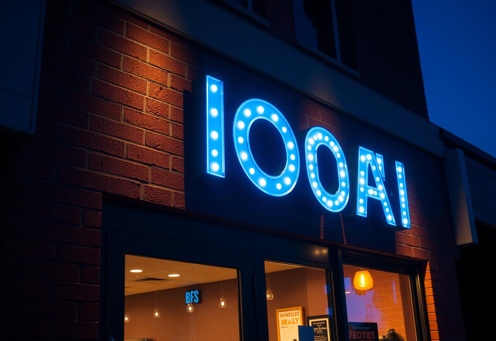 Illuminated storefront channel letter signage at dusk